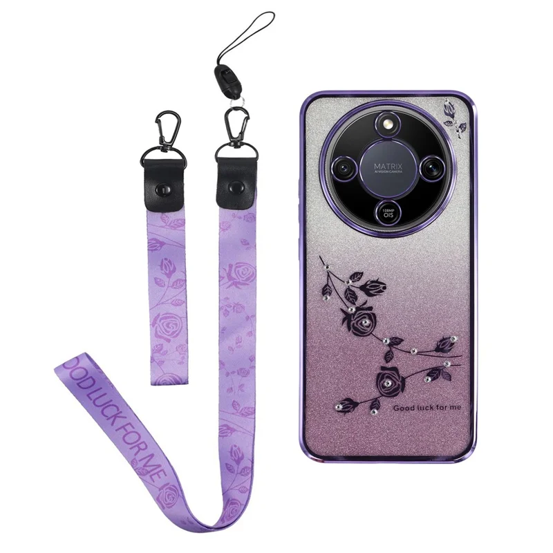 KADEM Phone Case For Honor Magic8 Lite 5G  /  X9d 5G  /  X70 5G Flower Pattern TPU Gradient Phone Cover with Lanyards - Purple