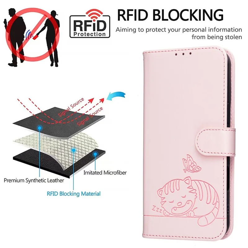 Coque pour iPhone 17 Pro Max avec portefeuille, blocage RFID, support, motif imprimé de chat, housse en cuir à rabat avec dragonne - Rose