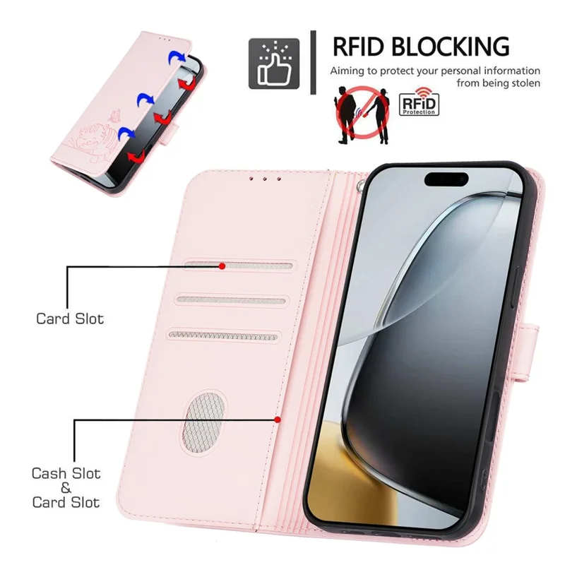 Coque pour iPhone 17 Pro Max avec portefeuille, blocage RFID, support, motif imprimé de chat, housse en cuir à rabat avec dragonne - Rose