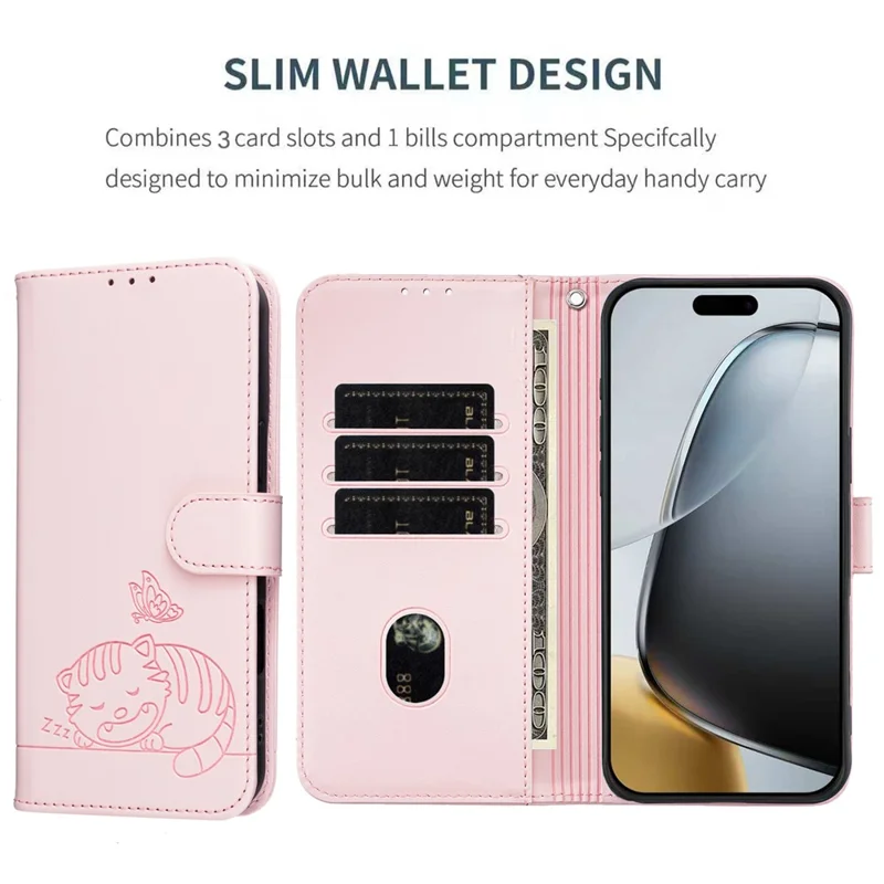 Coque pour iPhone 17 Pro Max avec portefeuille, blocage RFID, support, motif imprimé de chat, housse en cuir à rabat avec dragonne - Rose