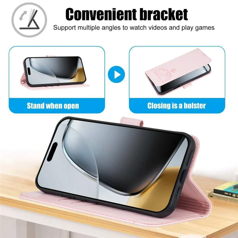 Coque pour iPhone 17 Pro Max avec portefeuille, blocage RFID, support, motif imprimé de chat, housse en cuir à rabat avec dragonne - Rose