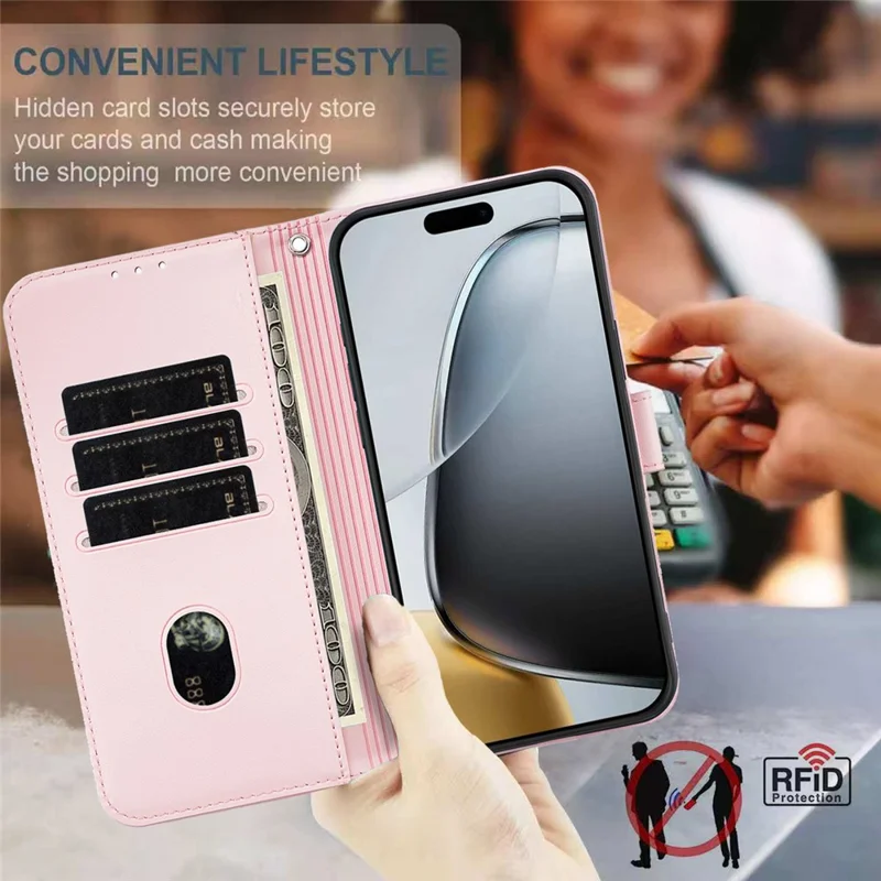 Coque pour iPhone 17 Pro Max avec portefeuille, blocage RFID, support, motif imprimé de chat, housse en cuir à rabat avec dragonne - Rose