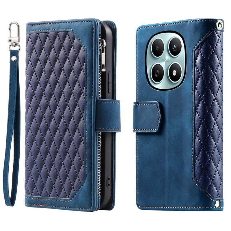 For Xiaomi Redmi Note 15 4G (Global) Wallet Case Rhombus Stitching Line PU Leather Phone Cover with Wrist Strap - Blue