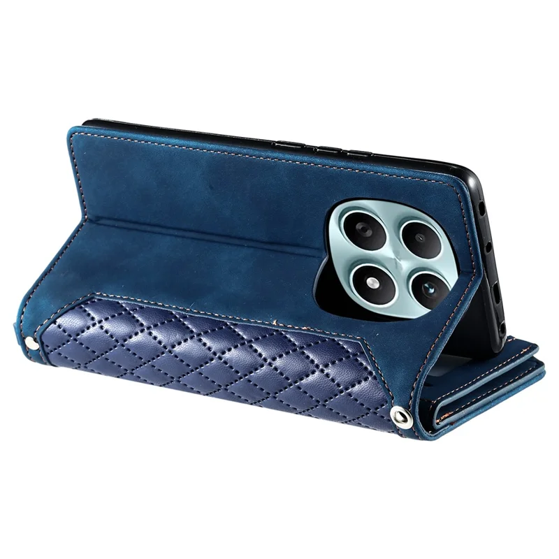 For Xiaomi Redmi Note 15 4G (Global) Wallet Case Rhombus Stitching Line PU Leather Phone Cover with Wrist Strap - Blue