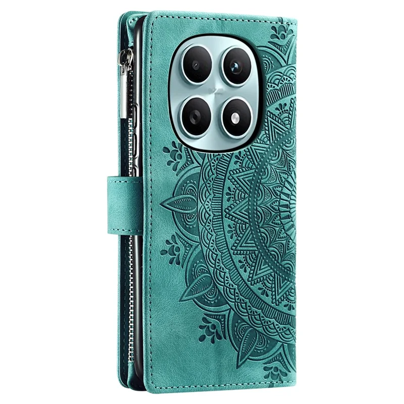 For Xiaomi Redmi Note 15 4G (Global) Wallet Case Mandala Flower Pattern PU Leather Phone Cover with Wrist Strap - Mint Green