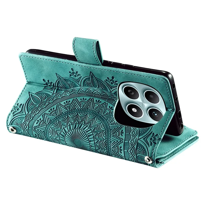 For Xiaomi Redmi Note 15 4G (Global) Wallet Case Mandala Flower Pattern PU Leather Phone Cover with Wrist Strap - Mint Green