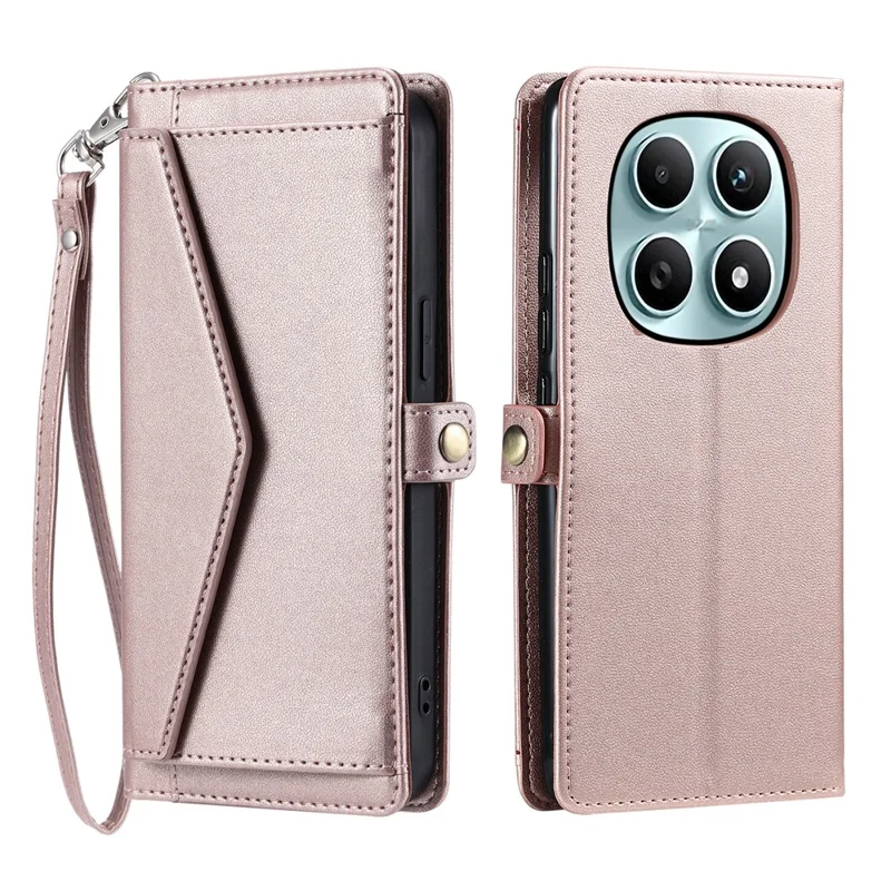 For Xiaomi Redmi Note 15 4G (Global) Leather Case with Wrist Strap Wallet Stand Phone Cover - Rose Gold