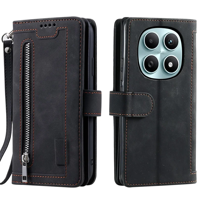 For Xiaomi Redmi Note 15 4G (Global) Case 9 Card Slots Zipper Wallet PU Leather Phone Cover with Wrist Strap - Black
