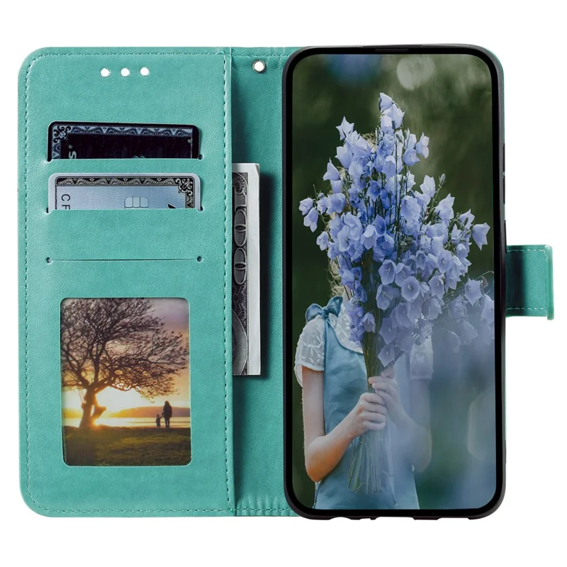 For Xiaomi Redmi Note 15 4G (Global) Stand Case Imprinted Totem PU Leather Wallet Phone Cover with Wrist Strap - Mint Green