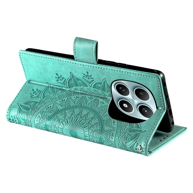 For Xiaomi Redmi Note 15 4G (Global) Stand Case Imprinted Totem PU Leather Wallet Phone Cover with Wrist Strap - Mint Green