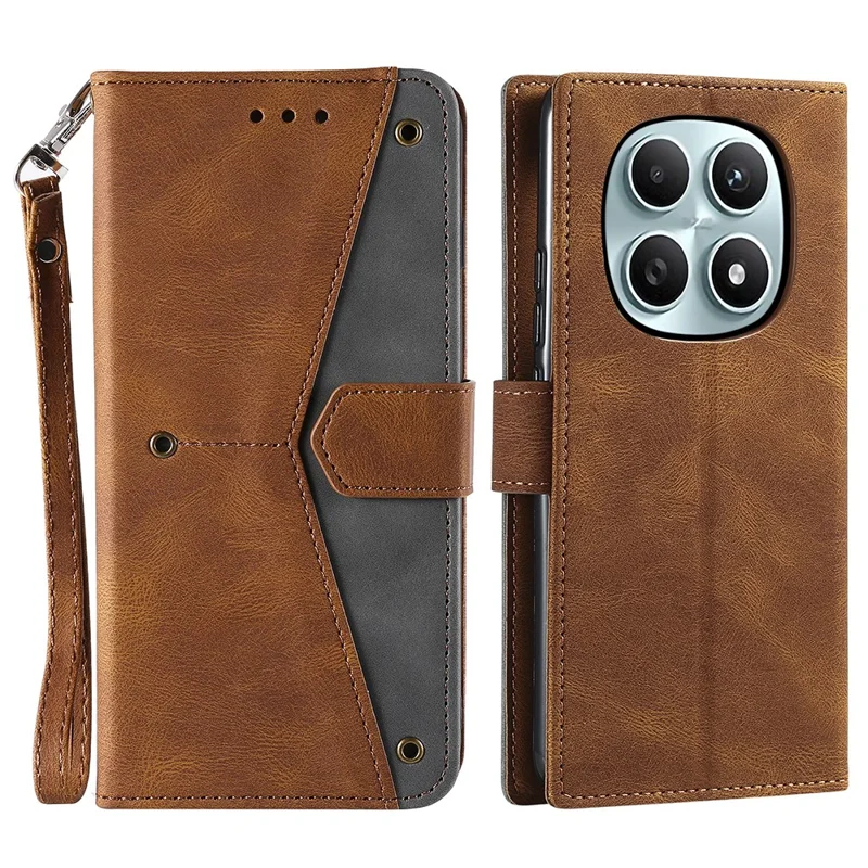 For Xiaomi Redmi Note 15 4G (Global) Leather Case Splicing Stitching Wallet Phone Cover with Wrist Strap - Brown