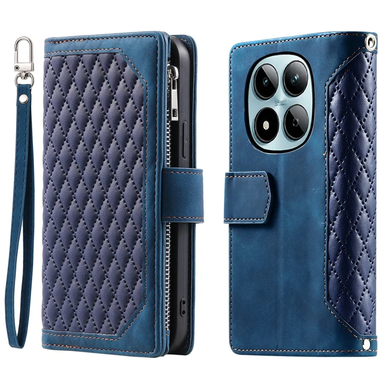 For Xiaomi Redmi Note 15 Pro 4G (Global) Wallet Case Rhombus Stitching Line PU Leather Phone Cover with Wrist Strap - Blue