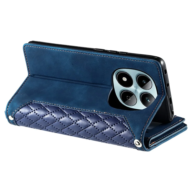 For Xiaomi Redmi Note 15 Pro 4G (Global) Wallet Case Rhombus Stitching Line PU Leather Phone Cover with Wrist Strap - Blue