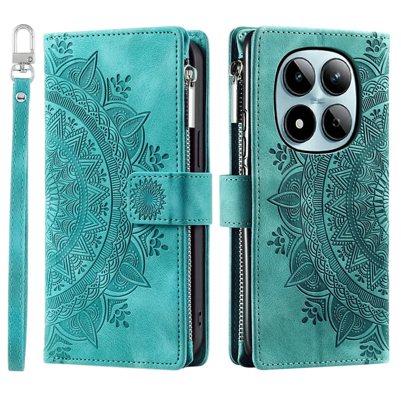For Xiaomi Redmi Note 15 Pro 4G (Global) Wallet Case Mandala Flower Pattern PU Leather Phone Cover with Wrist Strap - Mint Green