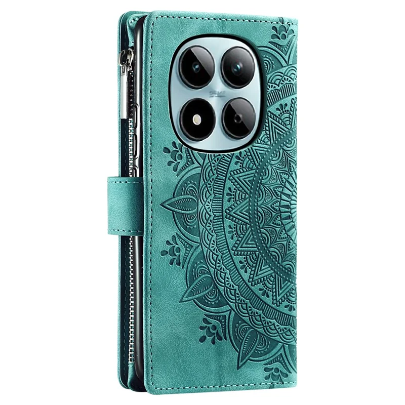 For Xiaomi Redmi Note 15 Pro 4G (Global) Wallet Case Mandala Flower Pattern PU Leather Phone Cover with Wrist Strap - Mint Green
