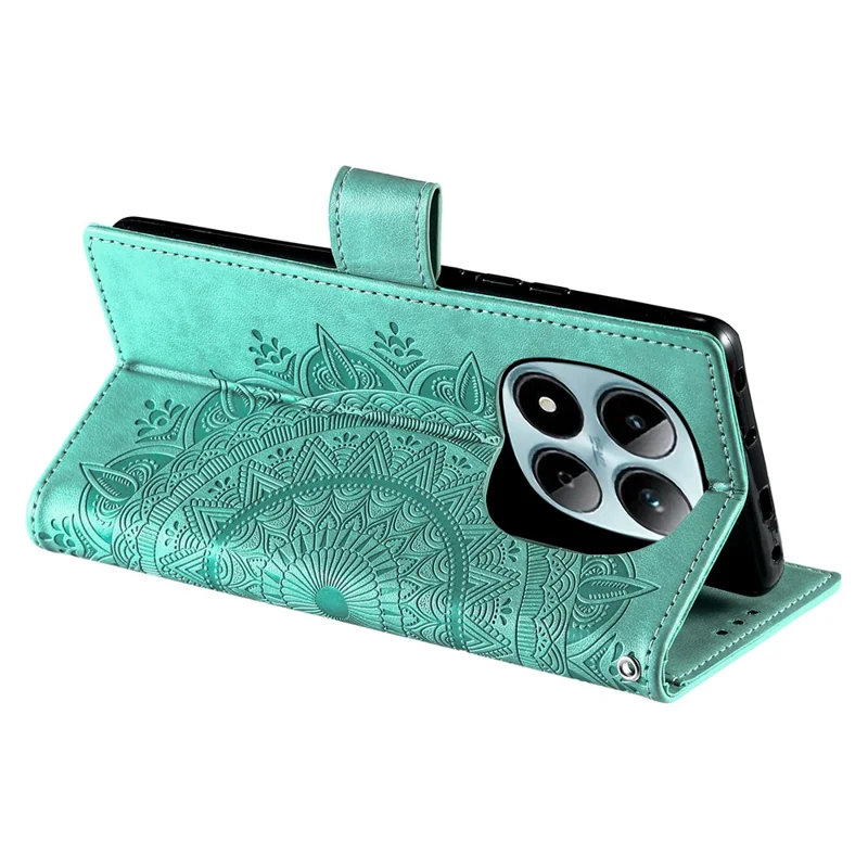 For Xiaomi Redmi Note 15 Pro 4G (Global) Stand Case Imprinted Totem PU Leather Wallet Phone Cover with Wrist Strap - Mint Green