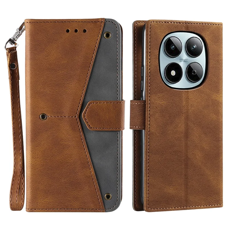 For Xiaomi Redmi Note 15 Pro 4G (Global) Leather Case Splicing Stitching Wallet Phone Cover with Wrist Strap - Brown
