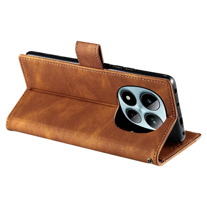 For Xiaomi Redmi Note 15 Pro 4G (Global) Leather Case Splicing Stitching Wallet Phone Cover with Wrist Strap - Brown