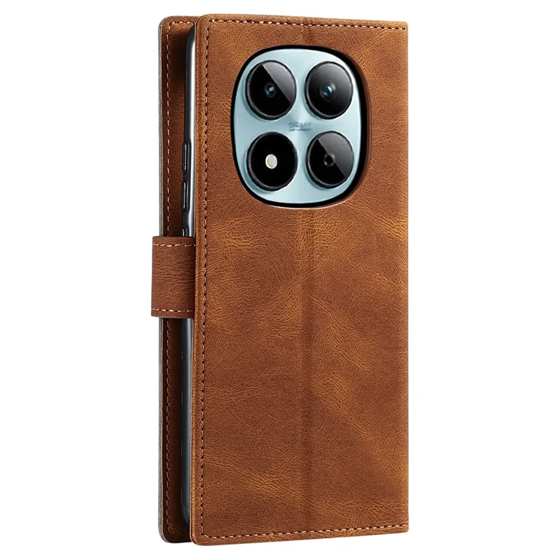For Xiaomi Redmi Note 15 Pro 4G (Global) Leather Case Splicing Stitching Wallet Phone Cover with Wrist Strap - Brown