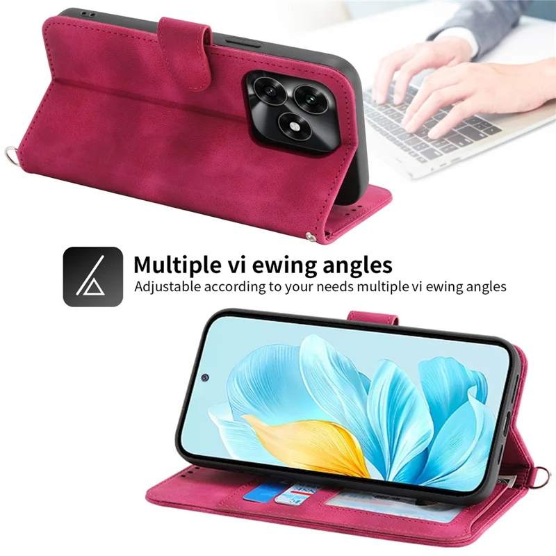 Wallet Case For Honor X5c Plus 4G  /  X5c 4G  /  Play10A 4G Flower Pattern PU Leather Phone Cover with Strap - Wine Red