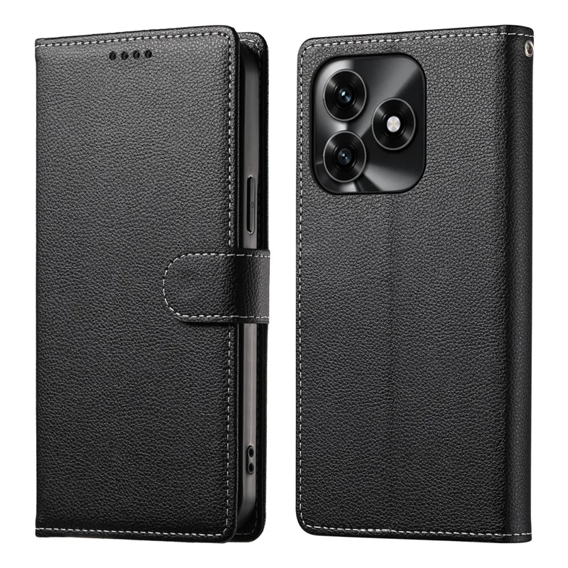 Wallet Case For Honor X5c Plus 4G  /  X5c 4G  /  Play10A 4G Magnetic Snap Litchi Texture Leather Phone Cover with Wrist Strap - Black