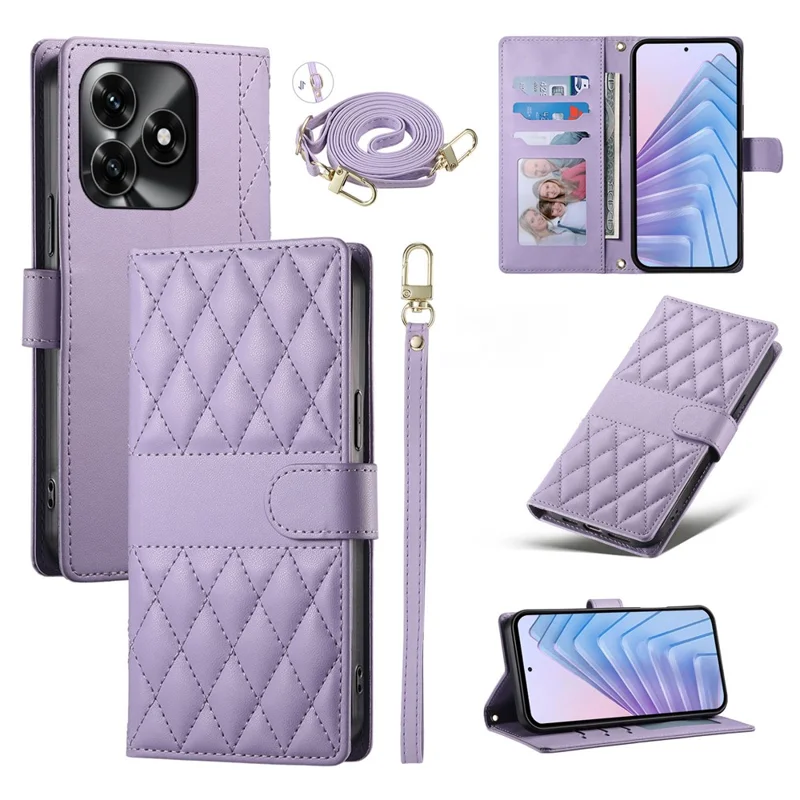 Wallet Case For Honor X5c Plus 4G  /  X5c 4G  /  Play10A 4G Rhombus Stitching Stand Leather Phone Cover with Long  /  Short Strap - Purple