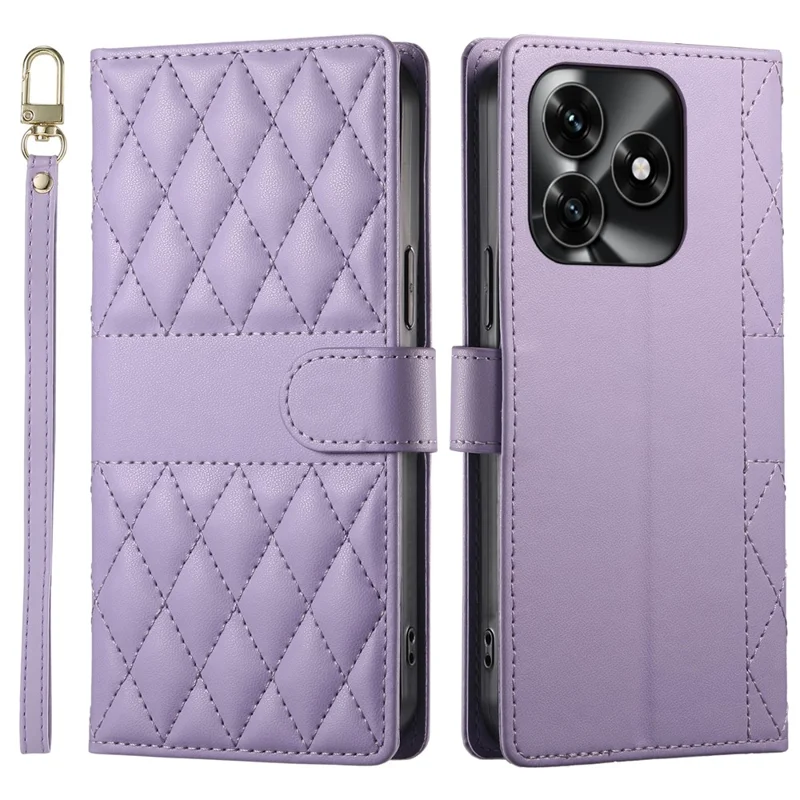 Wallet Case For Honor X5c Plus 4G  /  X5c 4G  /  Play10A 4G Rhombus Stitching Stand Leather Phone Cover with Long  /  Short Strap - Purple