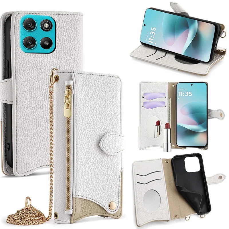 For Motorola Moto G67 Power 5G Leather Case Wallet Stand Cover Irregular Tail Style with Chain Strap - White