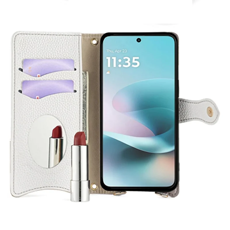 For Motorola Moto G67 Power 5G Leather Case Wallet Stand Cover Irregular Tail Style with Chain Strap - White