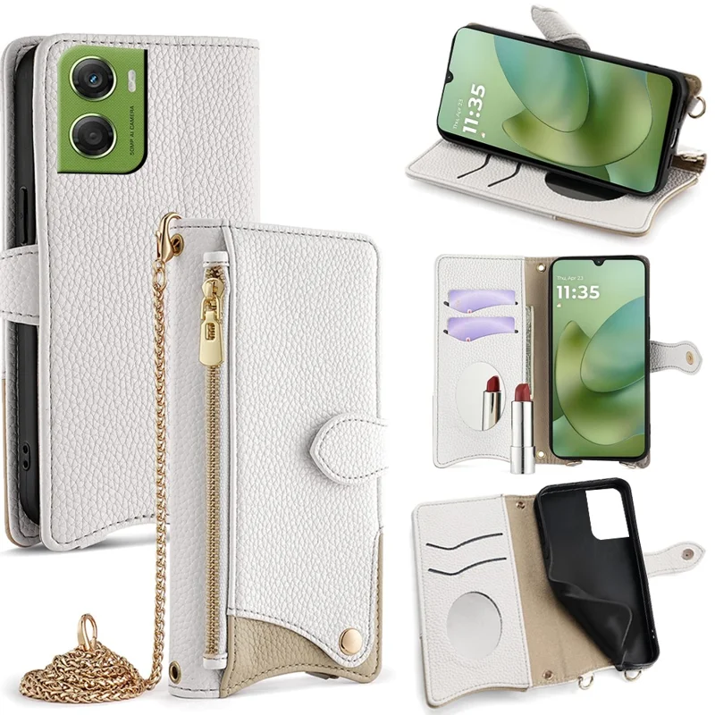 For Motorola Moto G06 4G Leather Case Wallet Stand Cover Irregular Tail Style with Chain Strap - White