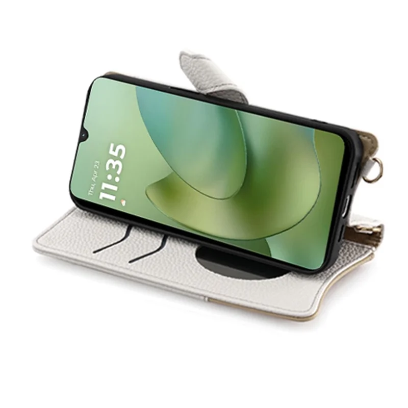 For Motorola Moto G06 4G Leather Case Wallet Stand Cover Irregular Tail Style with Chain Strap - White