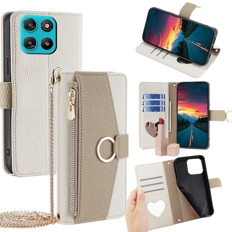 For Motorola Moto G67 Power 5G Case Mirror Wallet Leather Phone Cover with Chain Shoulder Strap - White