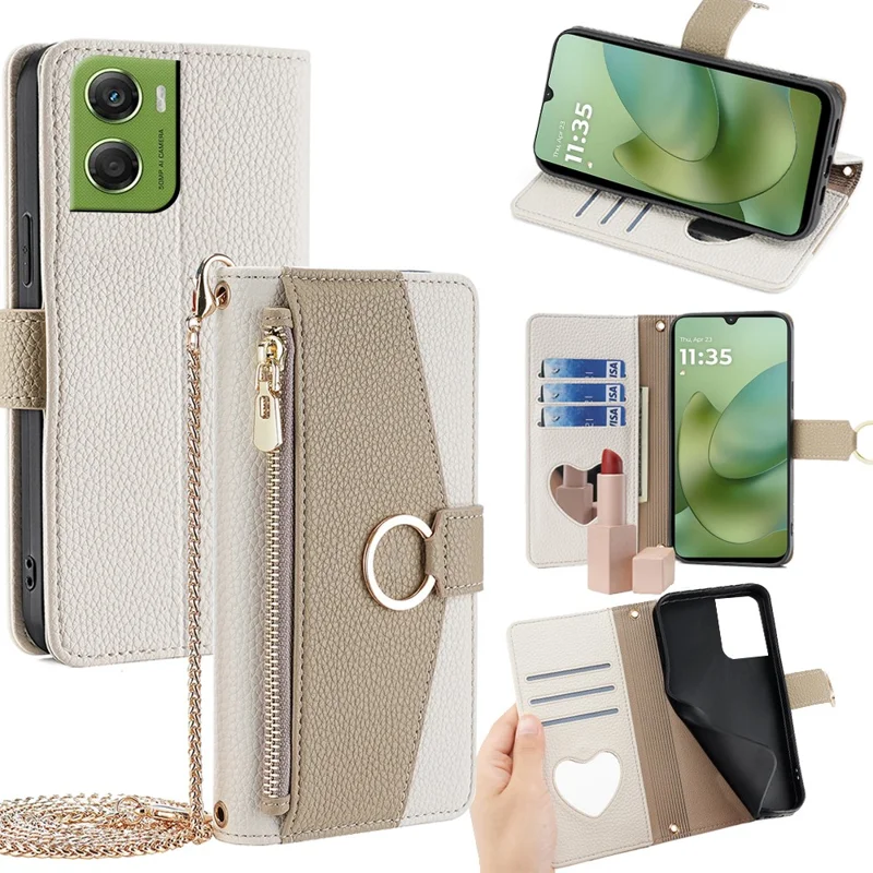 For Motorola Moto G06 4G Case Mirror Wallet Leather Phone Cover with Chain Shoulder Strap - White