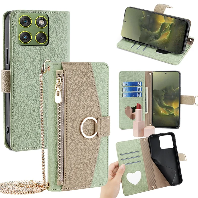 For Motorola Edge 70 5G Case Mirror Wallet Leather Phone Cover with Chain Shoulder Strap - Green