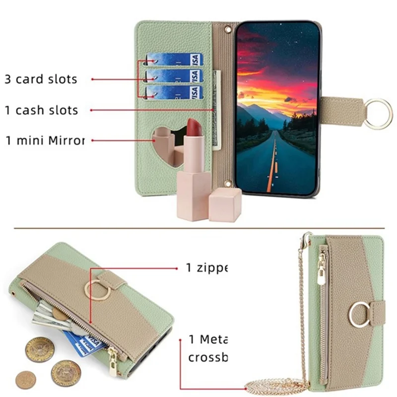 For Motorola Edge 70 5G Case Mirror Wallet Leather Phone Cover with Chain Shoulder Strap - Green