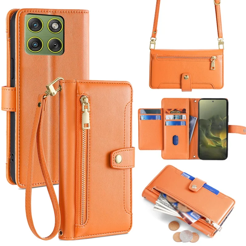 For Motorola Edge 70 5G Leather Case Zipper Pocket Wallet Phone Cover with 2 Straps - Orange