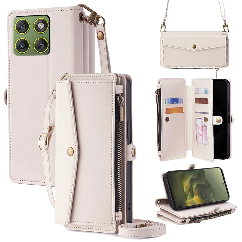 For Motorola Edge 70 5G Case Card Slots Zipper Purse PU Leather Phone Cover with Shoulder Strap - White