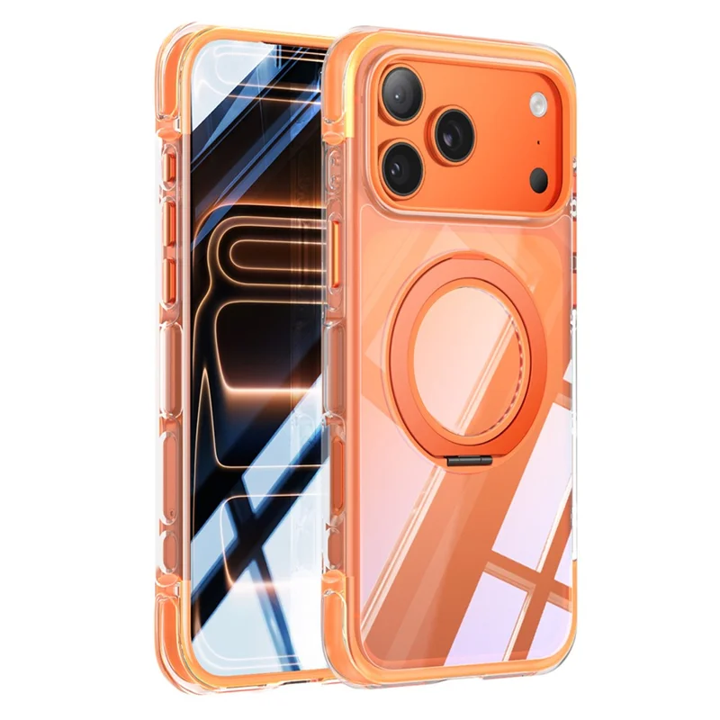 For iPhone 17 Pro Case Compatible with MagSafe Rotating Kickstand Clear Acrylic TPU Shockproof Phone Cover - Orange