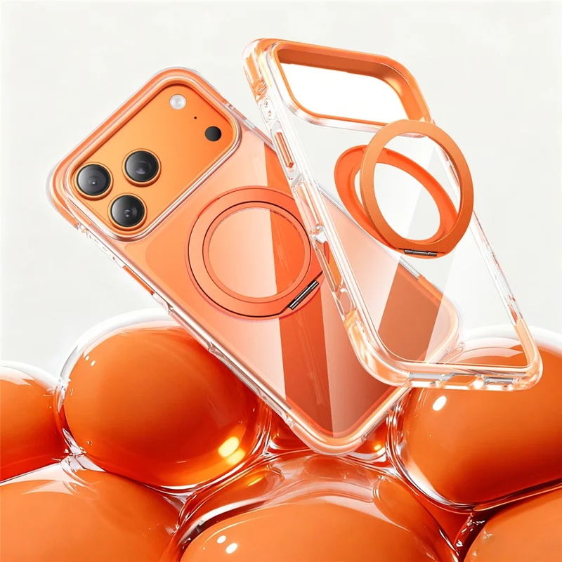 For iPhone 17 Pro Case Compatible with MagSafe Rotating Kickstand Clear Acrylic TPU Shockproof Phone Cover - Orange