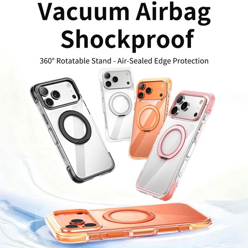 For iPhone 17 Pro Case Compatible with MagSafe Rotating Kickstand Clear Acrylic TPU Shockproof Phone Cover - Orange