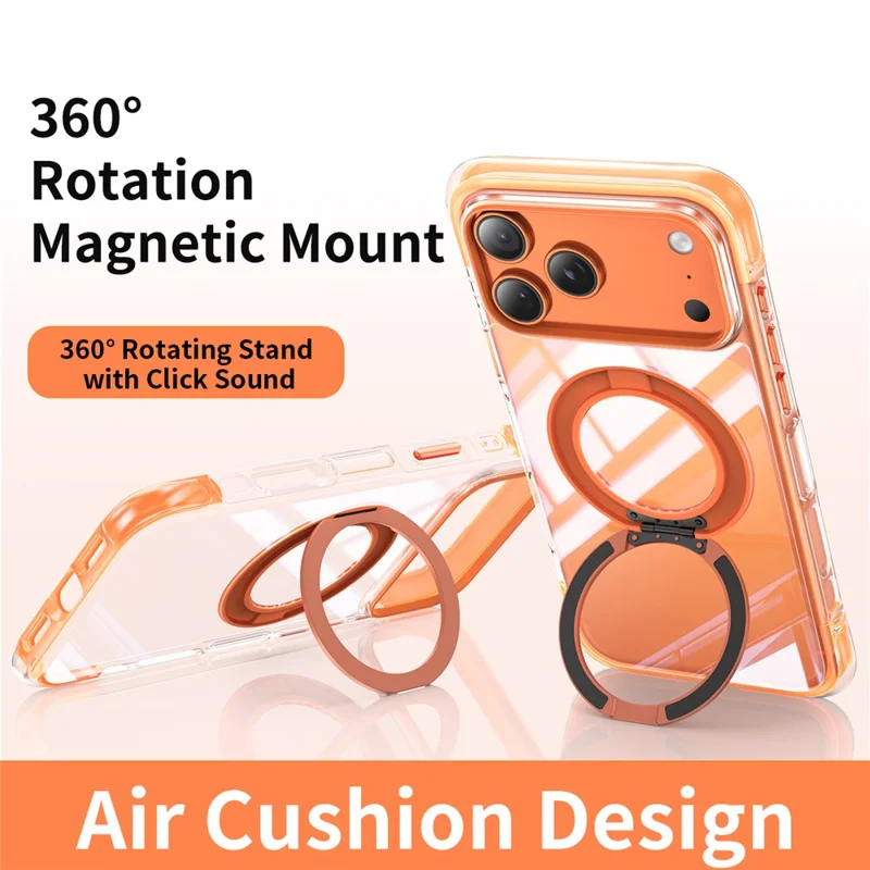 For iPhone 17 Pro Max Case Compatible with MagSafe Rotating Kickstand Clear Acrylic TPU Shockproof Phone Cover - Orange