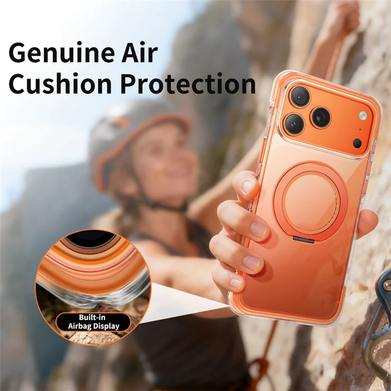 For iPhone 17 Pro Max Case Compatible with MagSafe Rotating Kickstand Clear Acrylic TPU Shockproof Phone Cover - Orange