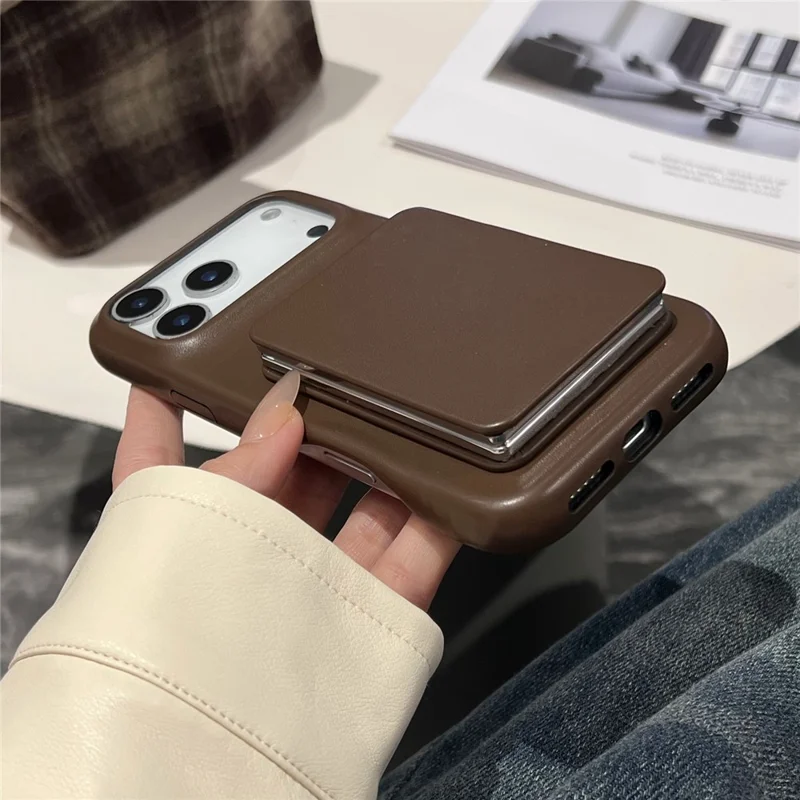 For iPhone 17 Pro Case Flip Mirror Kickstand PU Leather + PC Phone Cover