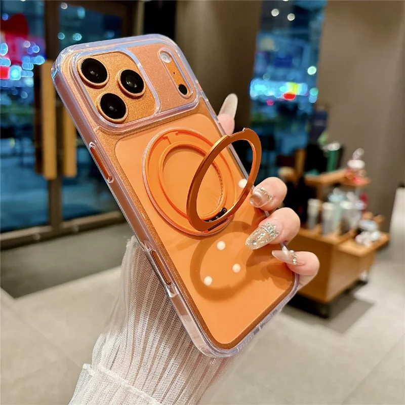 Coque pour iPhone 17 Pro avec support pivotant, coque transparente résistante aux chocs en PC + TPU, compatible MagSafe - Transparent / Orange