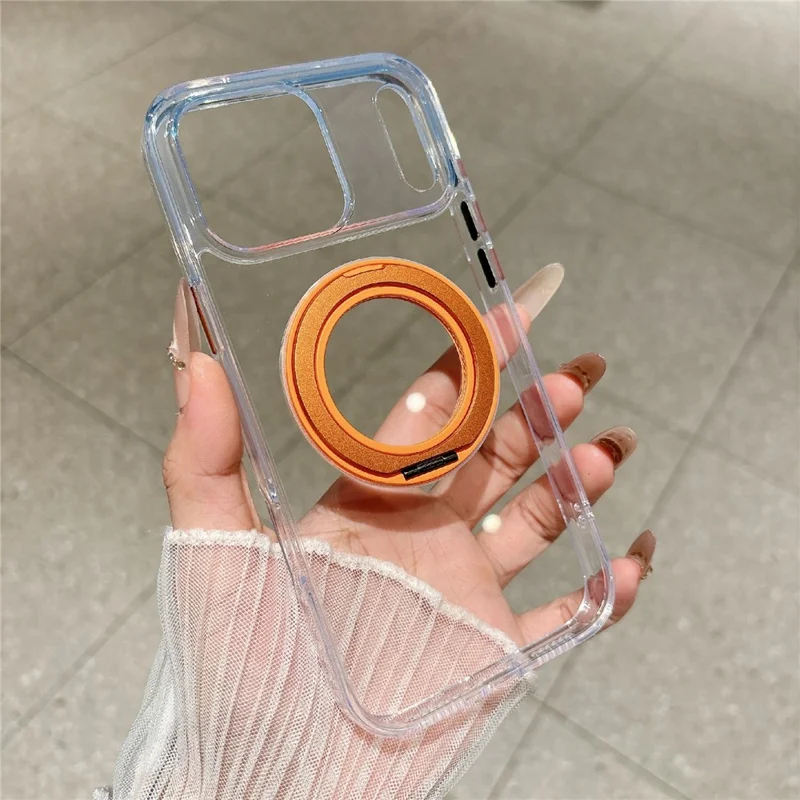 Coque pour iPhone 17 Pro avec support pivotant, coque transparente résistante aux chocs en PC + TPU, compatible MagSafe - Transparent / Orange