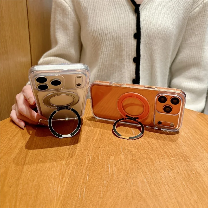 Coque pour iPhone 17 Pro avec support pivotant, coque transparente résistante aux chocs en PC + TPU, compatible MagSafe - Transparent / Orange