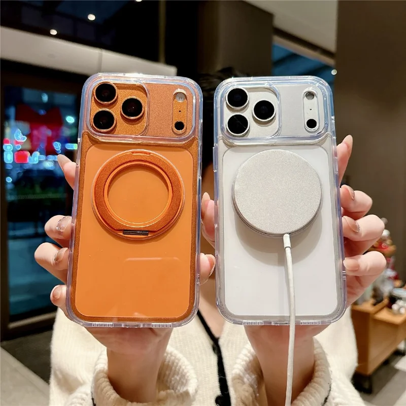 Coque pour iPhone 17 Pro Max avec support pivotant, coque transparente en PC + TPU antichoc compatible MagSafe - Transparent / Orange