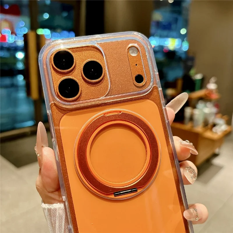 Coque pour iPhone 17 Pro Max avec support pivotant, coque transparente en PC + TPU antichoc compatible MagSafe - Transparent / Orange
