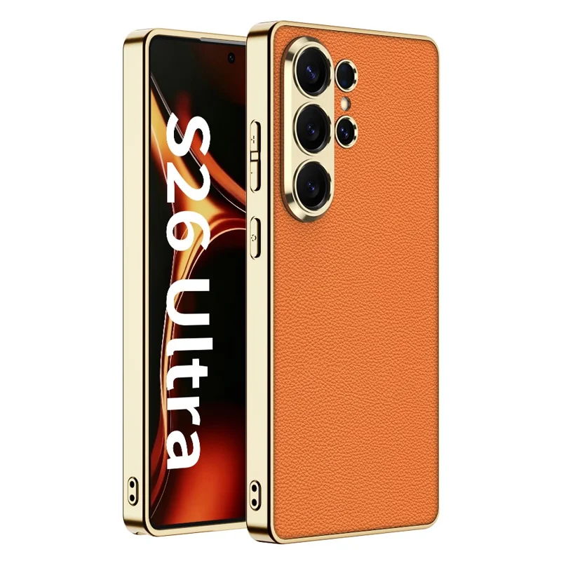 GKK for Samsung Galaxy S26 Ultra Case Electroplating Leather Coated TPU Frame PC Back Cover - Orange