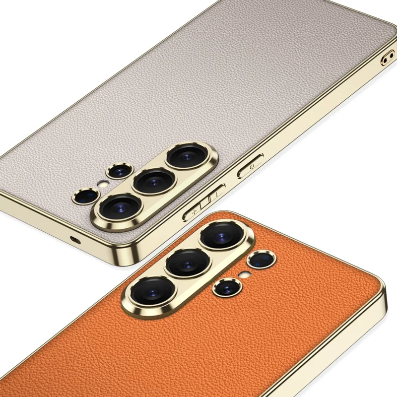 GKK for Samsung Galaxy S26 Ultra Case Electroplating Leather Coated TPU Frame PC Back Cover - Orange